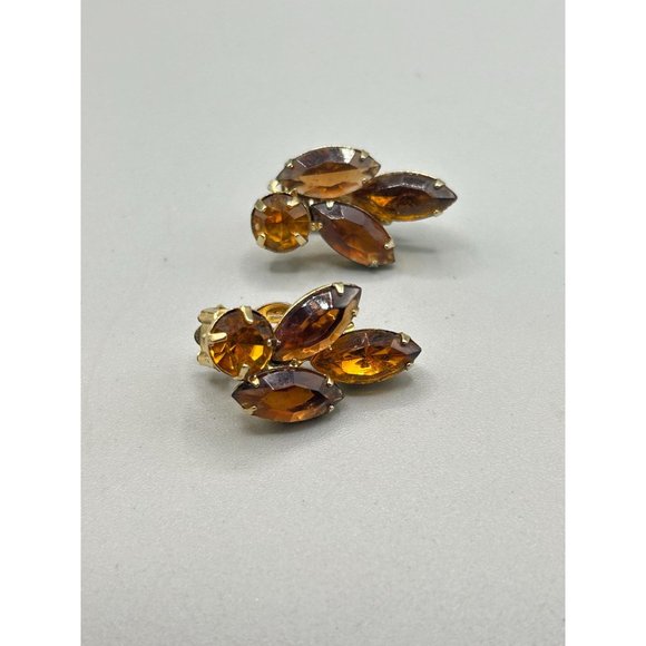 Vintage Rhinestone Earrings Clip On Topaz Glass Navette Marquise Shape Prong Set - Picture 7 of 8